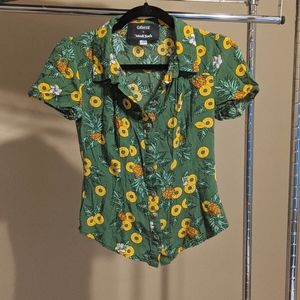 Women's ModCloth x Collectif Hawaiian Aloha Pineapple Shirt XXS Green Yellow
